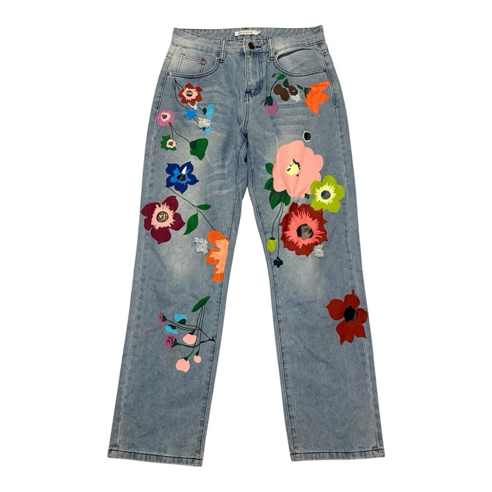 Mislook Jeans Womens Small Floral Painted Artsy Straight Distressed High Waisted